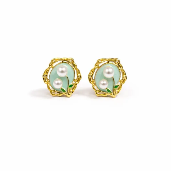 Gold_Plated_With_Mint_Green_Enamel_Dual_Pearl_Stud_Earrings_For_Women